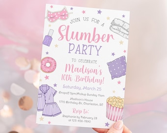 May include: A white invitation card with pink and purple illustrations of a donut, pajamas, a sleep mask, a pillow, and popcorn. The text on the card reads "Join us for a Slumber Party to celebrate Madison's 10th Birthday! Saturday, March 25. Dropoff 5pm/Pickup Sunday 11am. Madison's House 1770 Birthday Dr, Charleston, SC. Rsvp to: Stephanie by February 28 at 123-456-7890."