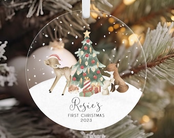 Gepersonaliseerde baby's eerste kerstornament, bosdierenornament, bosdecoratie kerst, aangepast babyornament, 1e kerst
