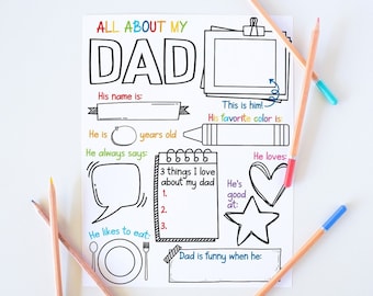 All About My Dad Printable, Fathers Day Gift From Kids, Fathers Day Coloring Page, Fill In Father's Day Activity, Fathers Day Card Download