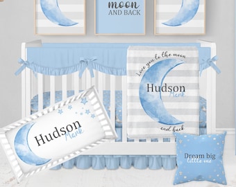 Moon Crib Bedding Set, Blue Baby Boy Crib Bedding, Moon and Stars Nursery, Love You To The Moon And Back, Moon Nursery, Star Nursery Bedding