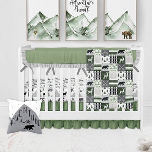 Woodland Crib Bedding Set, Green Woodland Baby Boy Crib Bedding, Woodland Nursery, Woodland Bedding Crib Set, Bear, Deer, Mountains, Trees
