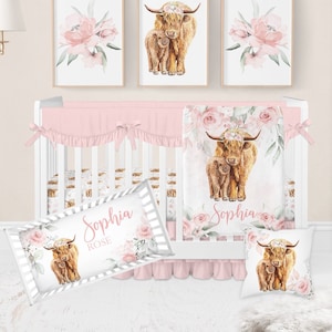 Baby Girl Crib Bedding Set, Highland Cow Crib Bedding, Highland Cow Nursery Bedding Set, Pink Floral Crib Bedding, Crib Sheets, Western Girl