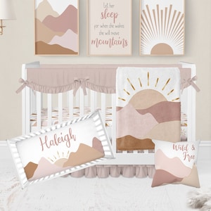 Boho Crib Bedding Set Girl, Baby Girl Crib Bedding, Sunshine, Mountain, Boho Nursery, Sun Mountain Crib Bedding Set, Pink, Mauve, Earth Tone