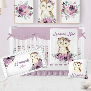 Owl Crib Bedding Set, Floral Girl Crib Bedding, Purple Nursery Bedding Girl, Custom Baby Blanket, Girl Nursery Bedding Set, Owl Baby Bedding