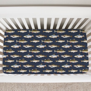 Fishing Crib Sheet, Crib Sheets Boy, Baby Boy Crib Bedding, Fishing Nursery, Navy Blue Crib Sheet, Fishing Crib Bedding, Fish Crib Sheets