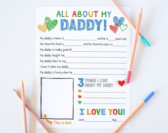 Todo sobre mi papá imprimible, regalo para el Día del Padre de parte de los niños, cuestionario para papá, tarjeta personalizada para completar el espacio en blanco del Día del Padre, descarga