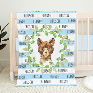Personalized Woodland Baby Blanket, Bear Baby Blanket, Baby Name Blanket, Blue Baby Boy Blanket, Baby Shower Gift, Woodland Crib Bedding