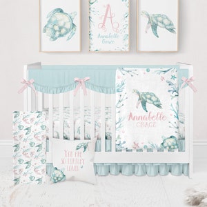 Sea Turtle Crib Bedding Set, Crib Bedding Set Girl, Sea Turtle Nursery, Ocean Nursery, Baby Bedding, Baby Girl Coastal Bedding, Underwater