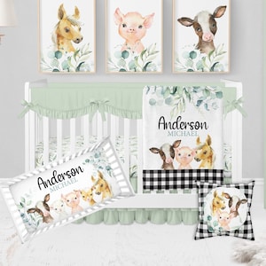 Farm Crib Bedding Set Boy, Farm Animal Crib Bedding, Baby Boy Crib Bedding, Farmhouse Nursery, Greenery, Cow Crib Set Boy, Crib Sheets Boy