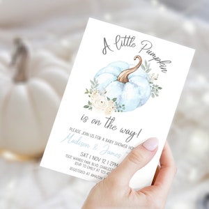 A Little Pumpkin Is On The Way Plantilla de invitación, Blue Pumpkin Baby Shower Invite, Baby Boy, Fall Autumn Baby Shower Editable Invitation