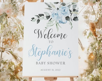 Boy Baby Shower Welcome Sign, Blue Floral Baby Shower Sign, Baby Boy Shower Sign Blue, Baby Shower Decorations Boy, Blue Baby Shower Poster