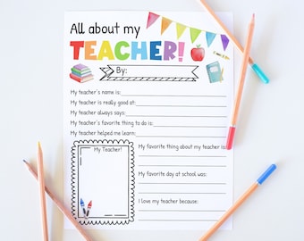 Teacher Appreciation Gift, Teacher Appreciation Week Printable, All About My Teacher Fill In, Teacher Thank You Gift Coloring Page, Download
