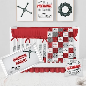 Mechanic Crib Bedding Set, Truck Baby Bedding, Boy Crib Bedding, Mechanic Nursery, Boy Nursery Bedding, Mechanic Nursery Bedding, Red, Black