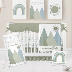 Boho Crib Bedding Set, Baby Boy Crib Bedding, Boy Nursery Bedding, Mountain Crib Sheets Boy, Neutral Crib Bedding, Green, Adventure, Rainbow