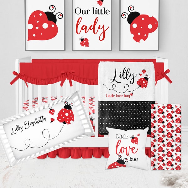 Ladybug Crib Bedding Set, Baby Girl Crib Bedding, Ladybug Nursery, Ladybug Baby Bedding, Personalized Ladybug Baby Blanket, Red Black Crib