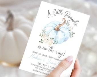 A Little Pumpkin Is On The Way Invitation Template, Blue Pumpkin Baby Shower Invite, Baby Boy, Fall Autumn Baby Shower Editable Invitation
