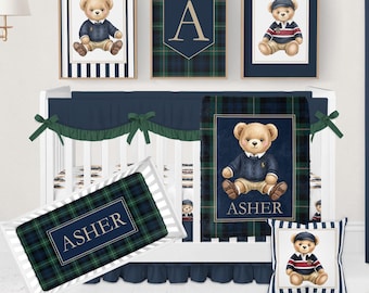 Polo Bear Crib Bedding Set, Tartan Plaid Baby Boy Bedding, Teddy Bear Baby Bedding Crib Set, Polo Teddy Bear Blanket, Classic Nursery Decor