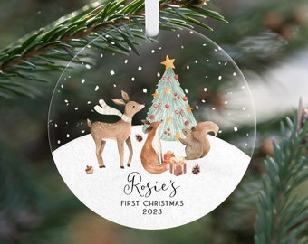 Gepersonaliseerde baby's eerste kerstversiering, eerste kerst bosdieren decoratie, bosornament, baby eerste kerstornament