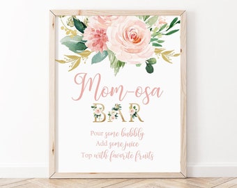 Sinal de barra de mimosa para chá de bebê, sinal de barra floral rosa blush Momosa, chá de bebê floral rosa para impressão, decorações de chá de bebê para meninas Mom-osa PFB1