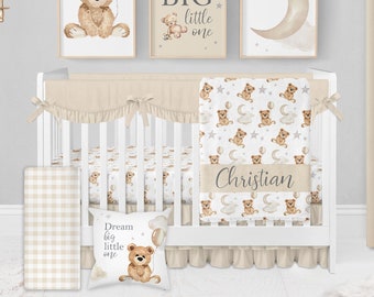 Teddy Bear Crib Bedding Set, Neutral Crib Bedding, Baby Boy Crib Bedding Set, Teddy Bear Nursery Bedding, Moon Stars Cloud, Neutral Nursery