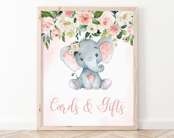Elephant Baby Shower Sign, Elephant Gifts Table Sign, Printable Gifts & Cards Sign, Pink Elephant Baby Shower Decor, Instant Download PFE1