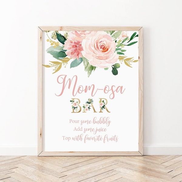 Baby Shower Mimosa Bar Sign, Blush Pink Floral Momosa Bar Sign, Pink Floral Baby Shower Printable, Girl Baby Shower Decorations Mom-osa PFB1