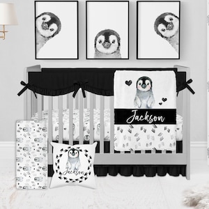 Penguin Crib Bedding Set, Gender Neutral Crib Bedding, Black And White Crib Bedding, Penguin Nursery, Baby Boy Crib Bedding, Baby Girl Crib