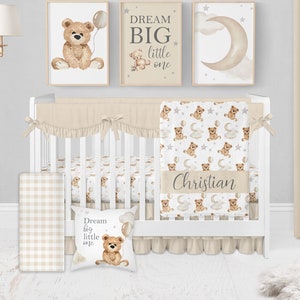 Teddy Bear Crib Bedding Set, Neutral Crib Bedding, Baby Boy Crib Bedding Set, Teddy Bear Nursery Bedding, Moon Stars Cloud, Neutral Nursery