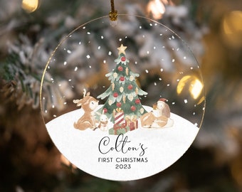 Gepersonaliseerde eerste kerstversiering baby 2023, bosornament, eerste kerst baby, boswezens 1e kerst babyornament