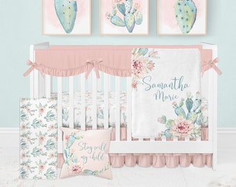 Cactus Crib Bedding Set, Baby Girl Crib Bedding, Cactus Nursery Decor Girl, Cactus Crib Sheets, Succulent Crib Bedding, Floral Crib Bedding