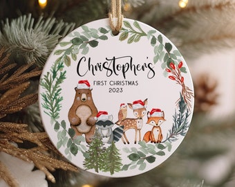 Primer adorno navideño de Woodland Baby, adorno navideño personalizado para bebés, primer adorno navideño, adorno de animales del bosque de ciervos y zorros de oso