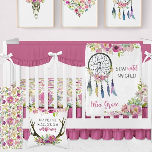 Boho Crib Bedding Girl Nursery Bedding Pink Navy Baby Etsy