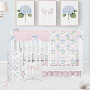 Baby Girl Crib Bedding Set, Pink Crib Bedding Girl, Chic Grandmillenial Bedding Crib Sets Girl, Heirloom Bow Blue Hydrangea Nursery Decor