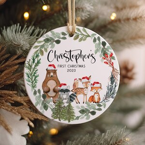 Woodland Baby&#39;s First Christmas Ornament, Personalized Baby Christmas Ornament, 1st Christmas Ornament, Bear Fox Deer Forest Animal Ornament