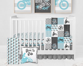 Dirt Bike Baby Bedding Set, Motocross Crib Bedding Set, Baby Boy Crib Bedding, Boy Nursery Bedding, Aqua, A Little Dirt Never Hurt Blanket