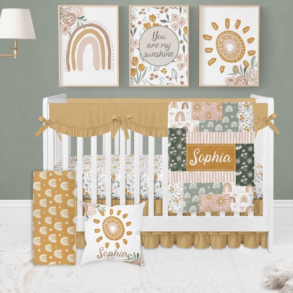 Boho Crib Bedding Set Girl, Baby Girl Crib Bedding, Boho Nursery, Rainbow Crib Bedding, Floral Crib Sheets Girl, Neutral Nursery Earth Tones
