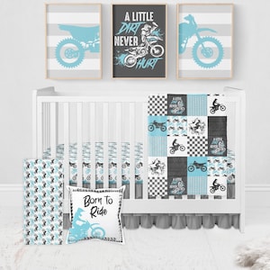 Dirt Bike Baby Bedding Set, Motocross Crib Bedding Set, Baby Boy Crib Bedding, Boy Nursery Bedding, Aqua, A Little Dirt Never Hurt Blanket