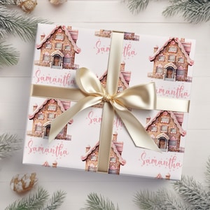 Gingerbread House Wrapping Paper, Personalized Christmas Wrapping Paper, Custom Gift Wrapping Paper, Pink Christmas Gift Wrapping Paper Girl