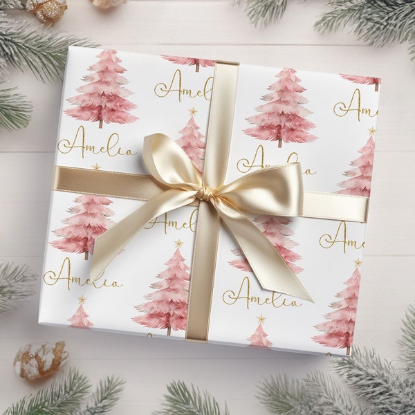 Personalisierte Weihnachtsgeschenkpapier, rosa Weihnachtsbaum-Geschenkpapier, Weihnachtsgeschenk-Geschenkpapier, rosa kundenspezifisches Geschenkpapier-Mädchen