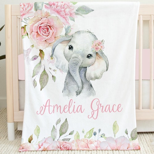 Elephant Baby Girl Blanket Personalized Blush Pink Floral Etsy