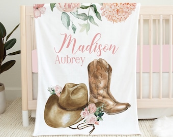 Personalized Western Baby Blanket, Baby Girl Blanket, Cowgirl Baby Blanket Western Crib Bedding, Baby Shower Gift, Pink Floral Cowgirl Boots