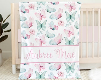 Manta de mariposa personalizada, guardería de mariposas, manta de mariposa para niña, manta con nombre de bebé, manta con nombre de niña, regalo de baby shower para niña