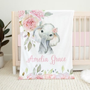 Personalized Elephant Blanket, Pink Floral Elephant Baby Blanket, Custom Baby Girl Blanket, Baby Name Blanket, Baby Shower Gift New Mom Gift