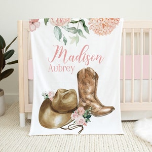Personalized Western Baby Blanket, Baby Girl Blanket, Cowgirl Baby Blanket Western Crib Bedding, Baby Shower Gift, Pink Floral Cowgirl Boots