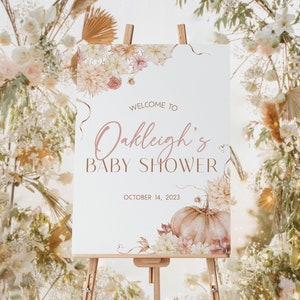 Pumpkin Baby Shower Welcome Sign, Girl Baby Shower Sign, Fall Floral Baby Shower Decorations, Pink Little Pumpkin Baby Shower Decor Boho