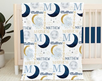 Manta de luna personalizada, manta con nombre de bebé, manta para bebé niño, regalo para baby shower, manta con nombre personalizado, manta para niño pequeño, luna y estrellas