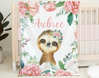 Floral Sloth Baby Blanket, Sloth Nursery, Personalized Name Blanket, Sloth Crib Bedding Baby Girl Blanket, Sloth Personalized Blanket Safari