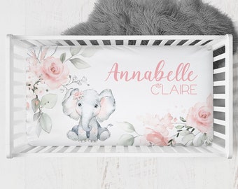 Personalized Elephant Crib Sheet, Elephant Nursery Bedding, Floral Elephant Crib Bedding Girl, Pink Crib Sheets Girl, Baby Girl Crib Bedding