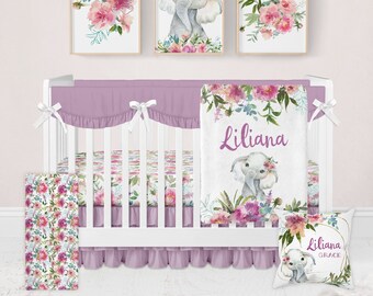 Elephant Baby Bedding Set, Floral Girl Crib Bedding, Personalized Baby Blanket, Crib Bedding Set Girl, Floral Elephant Nursery Baby Elephant
