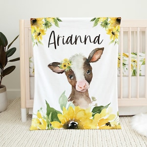 Cow Personalized Baby Girl Blanket, Cow Blanket for Baby, Baby Girl Blanket, Custom Baby Blanket, Cow Baby Gift, Farm Baby Sunflower Blanket
